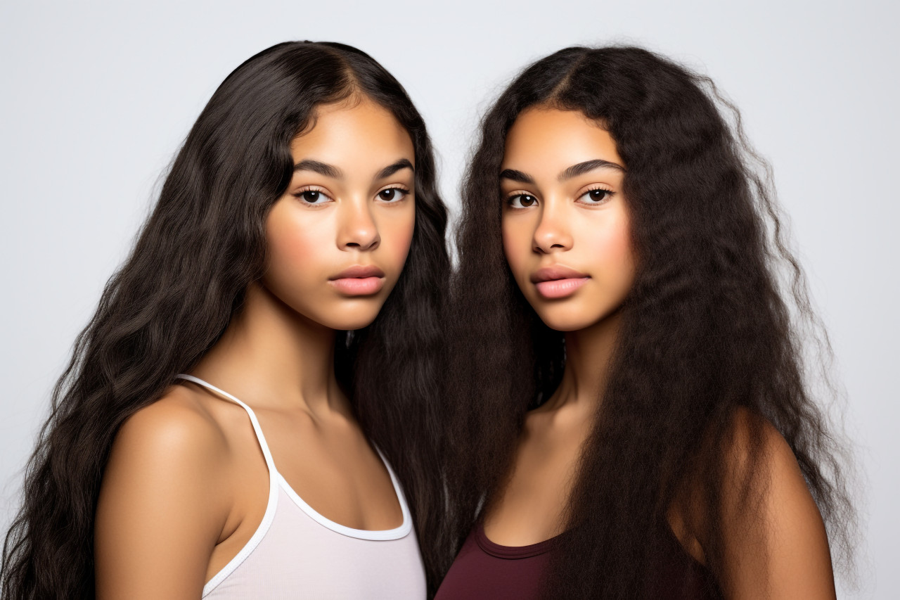 A picture of two pretty teenage girls one of african american descent and long black hair