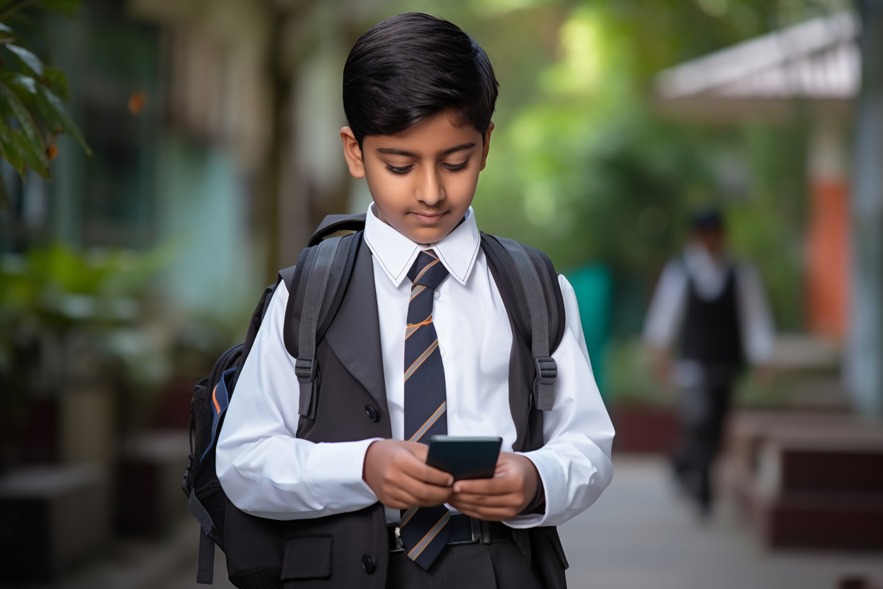 Picture of indian student in school uniform with backpack holding phone to watch online video