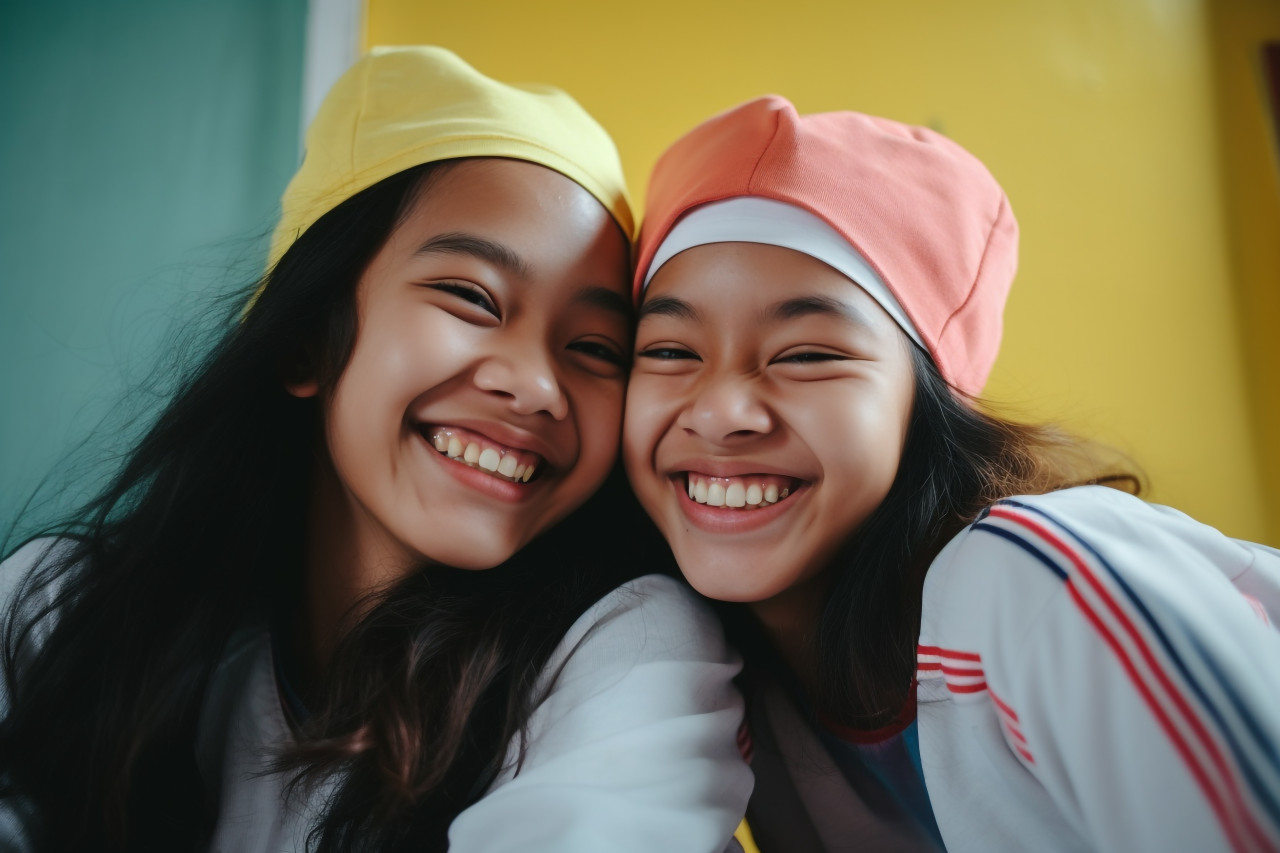 A photo of happy vietnamese teenage girls relaxing at home