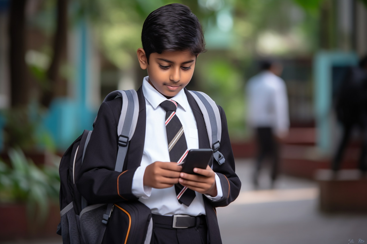 Picture of indian student in school uniform with backpack holding phone to watch online video