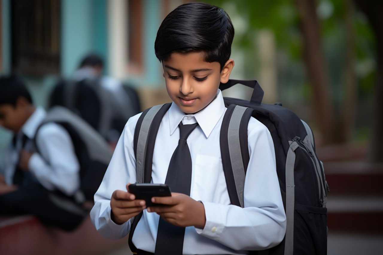 Picture of indian student in school uniform with backpack holding phone to watch online video