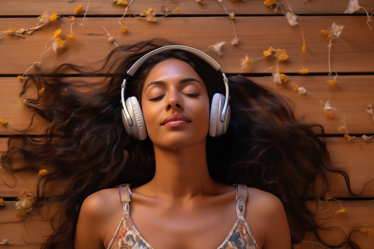 A photo of a calm indian woman lying on the floor indoors and listening to music on her headphones using a streaming service