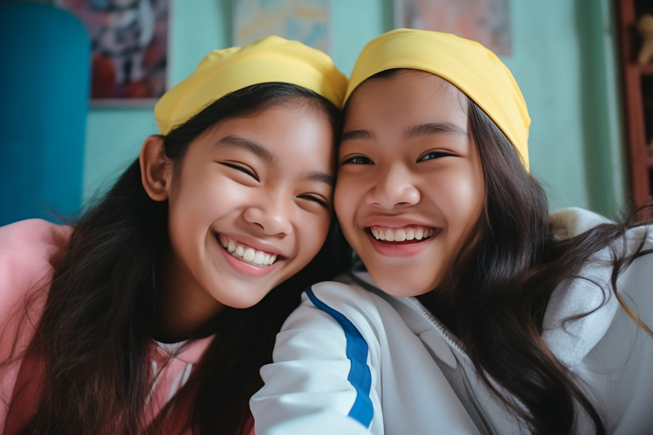 A photo of happy vietnamese teenage girls relaxing at home