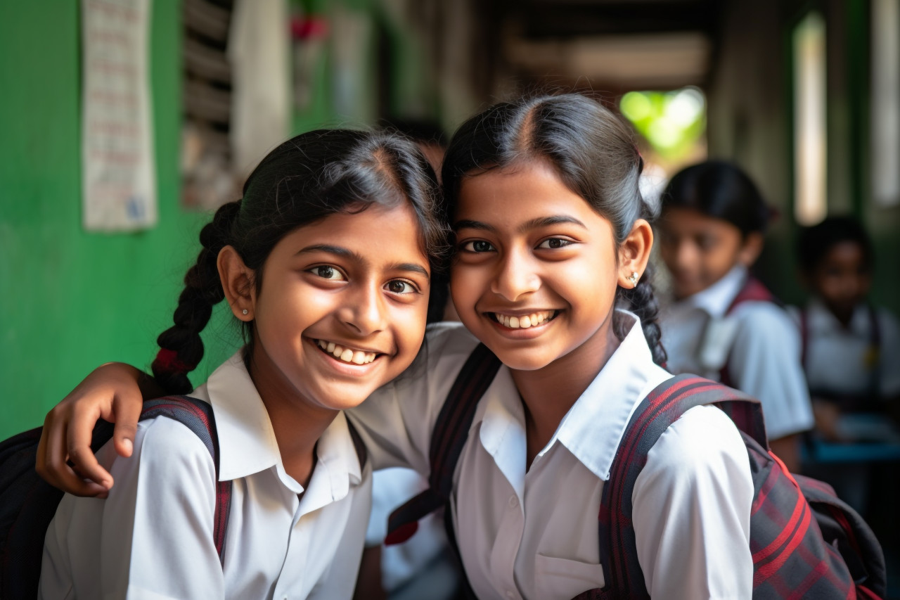 Two young indian girls smile in front of class photo
