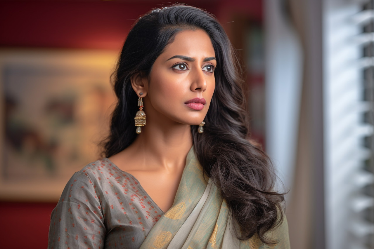Photo of pensive indian woman with smartphone in living room