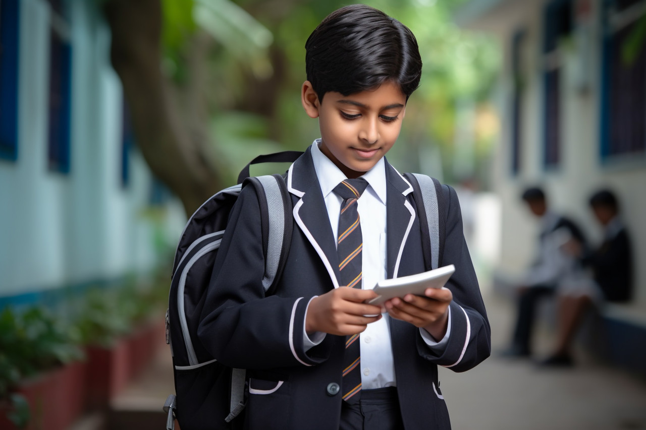 Picture of indian student in school uniform with backpack holding phone to watch online video