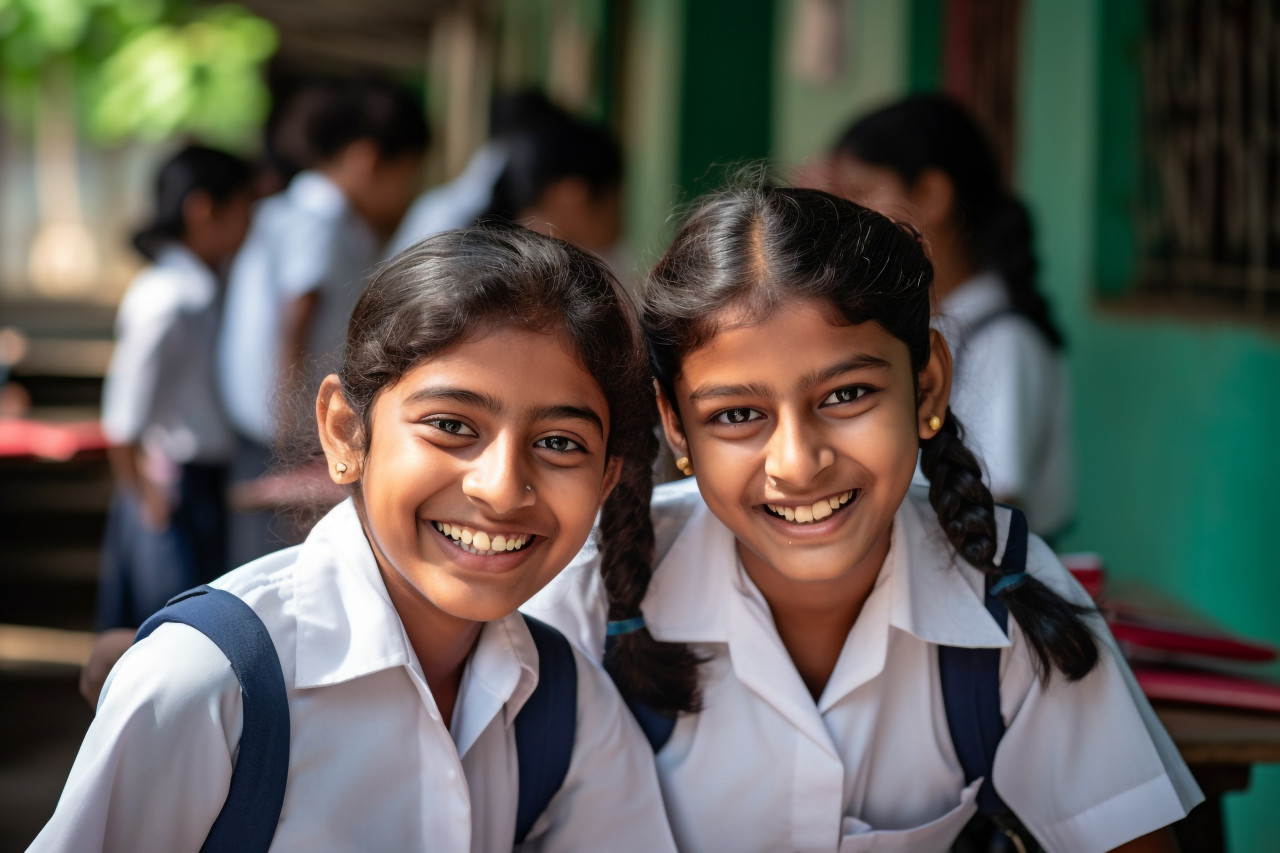Two young indian girls smile in front of class photo