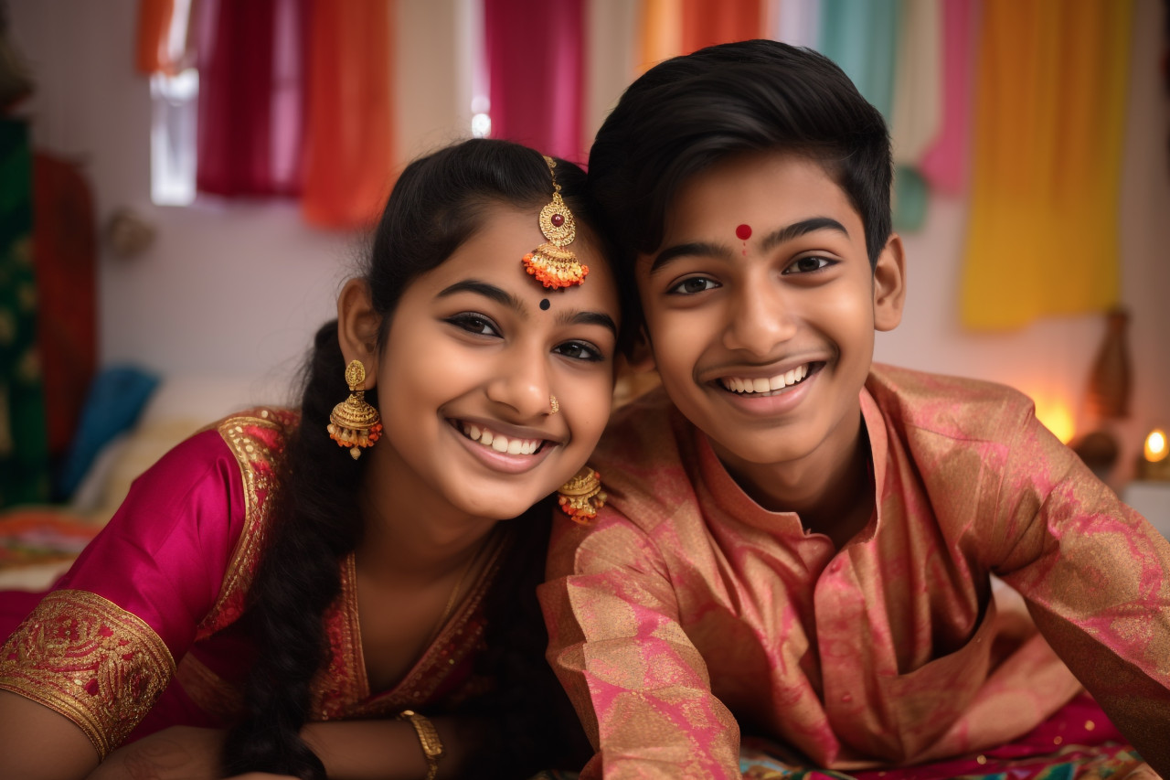 Happy indian teen siblings in traditional clothes