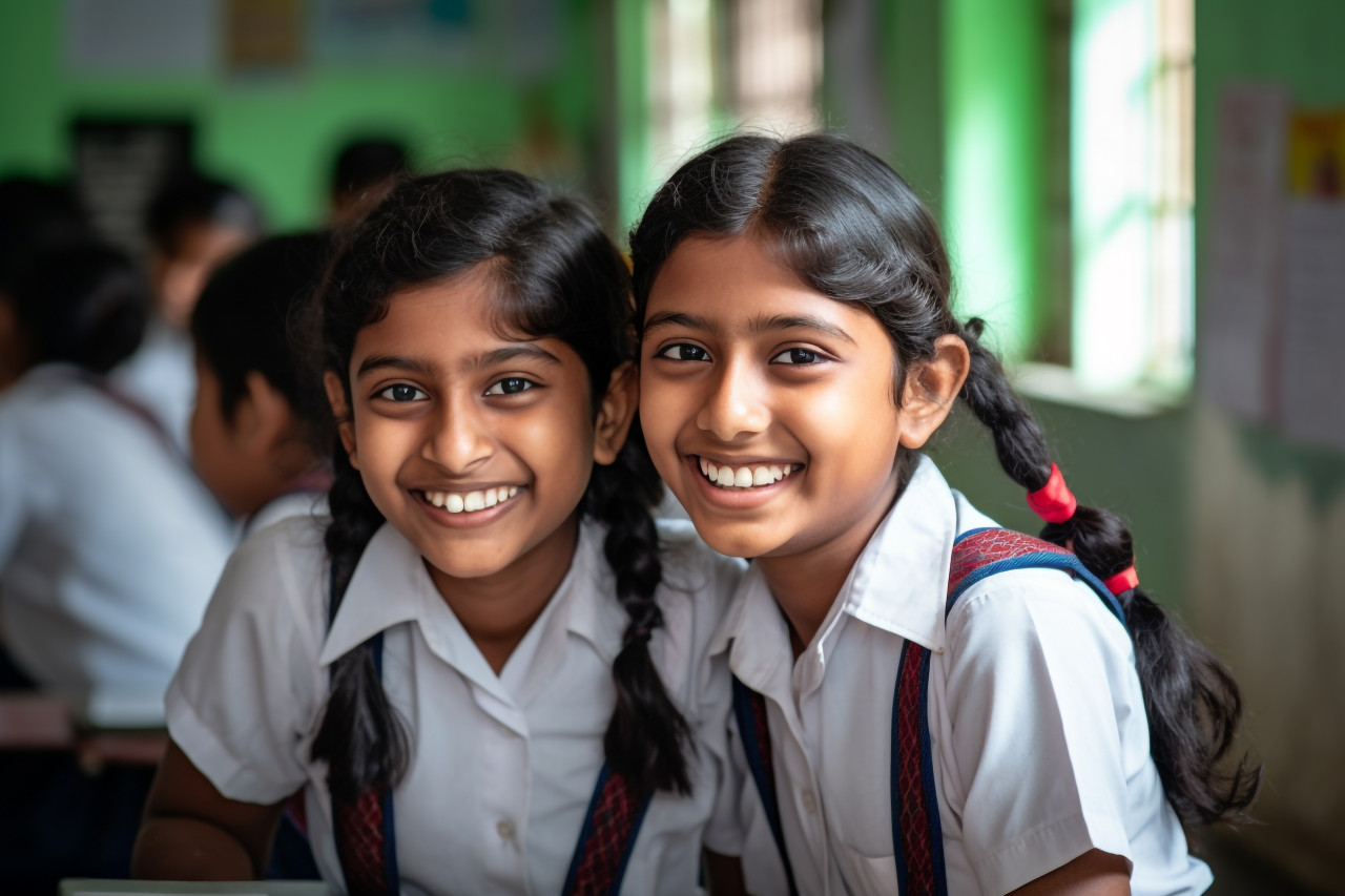 Two young indian girls smile in front of class photo