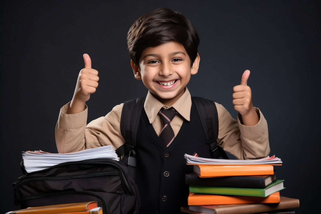 Indian boy with notebooks giving thumbs up
