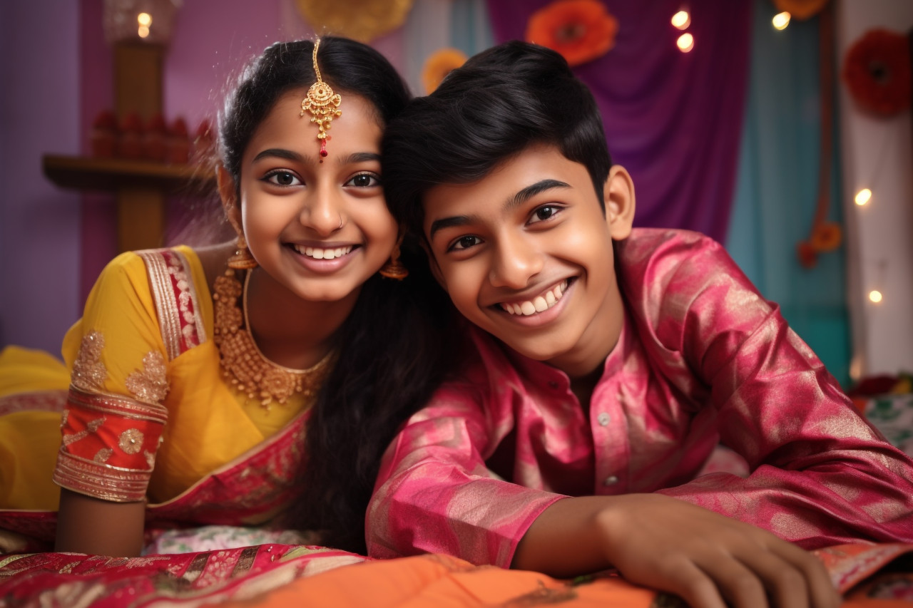 Happy indian teen siblings in traditional clothes