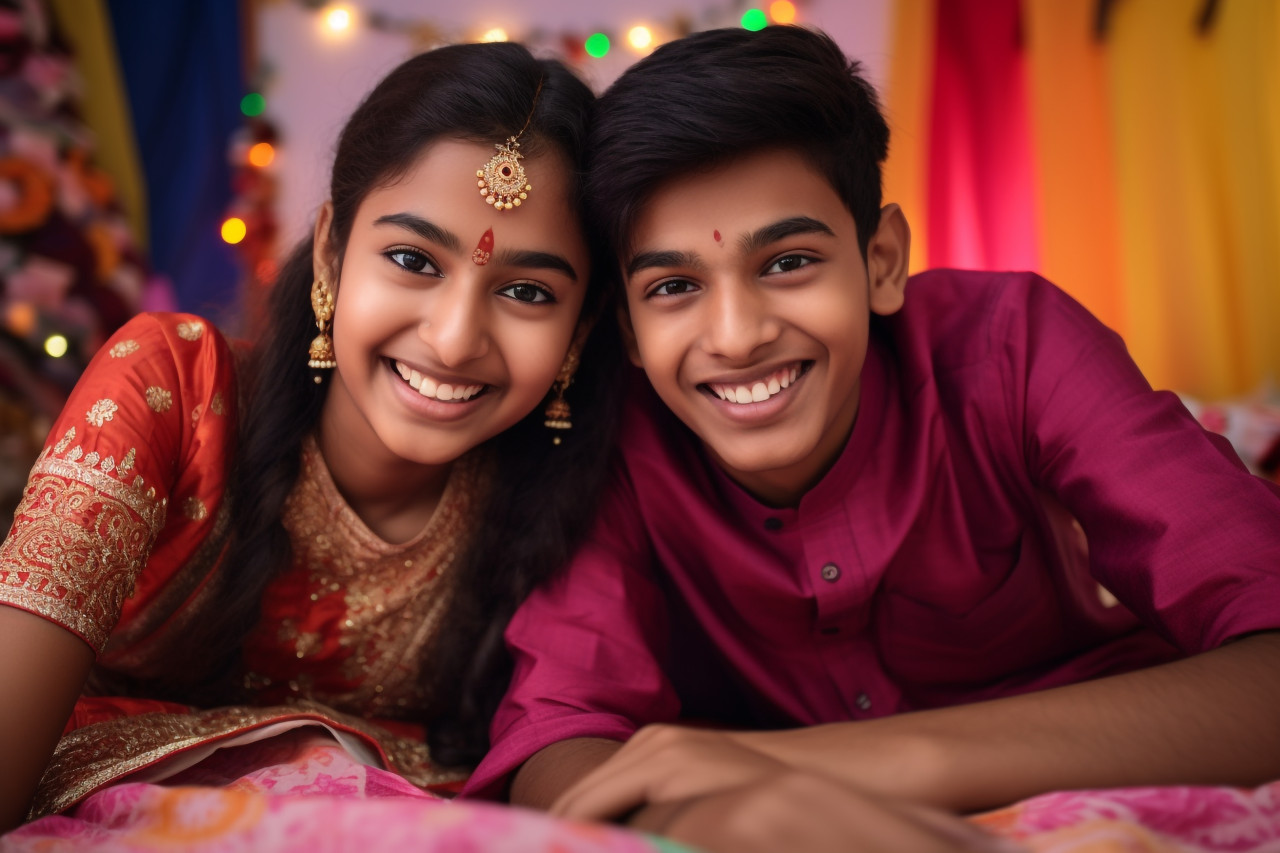 Happy indian teen siblings in traditional clothes