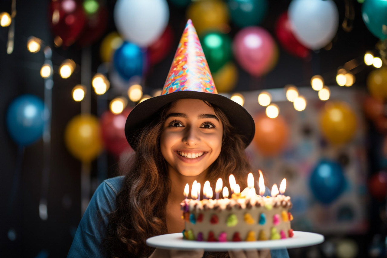 Photo of indian teenage girl with festive hat and birthday cake