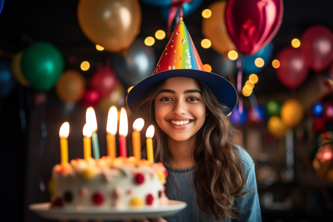 Photo of indian teenage girl with festive hat and birthday cake