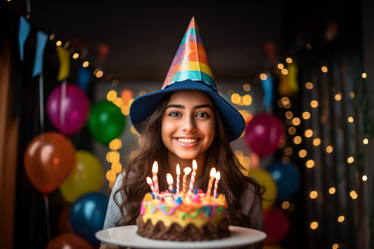 Photo of indian teenage girl with festive hat and birthday cake