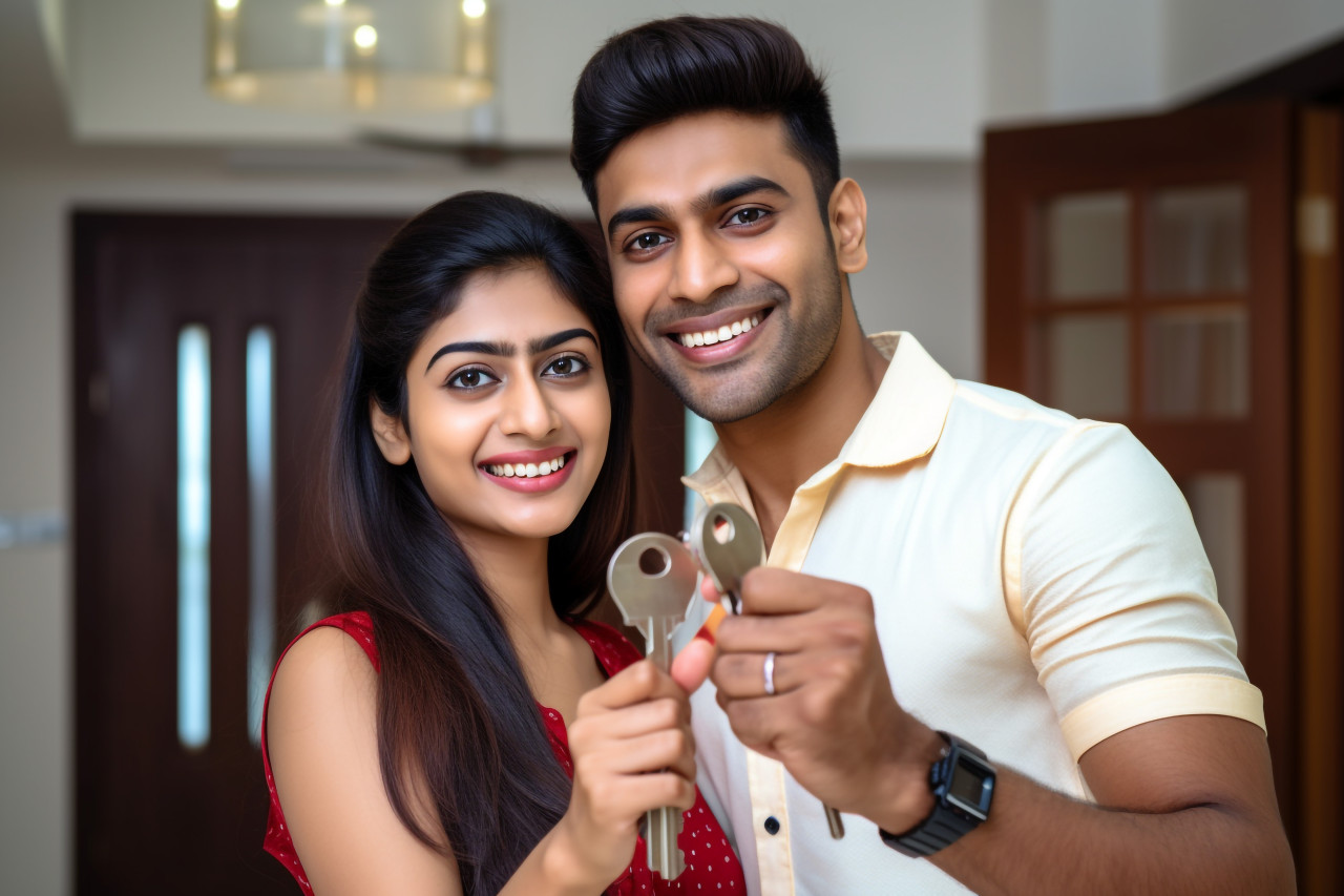Happy indian family couple shows new house keys
