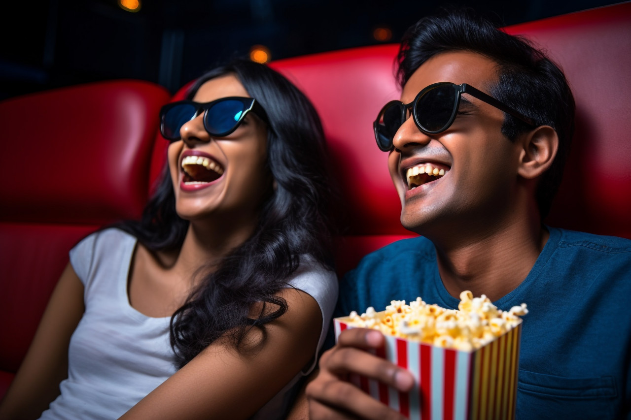 Happy indian couple watch movie with 3d glasses and popcorn