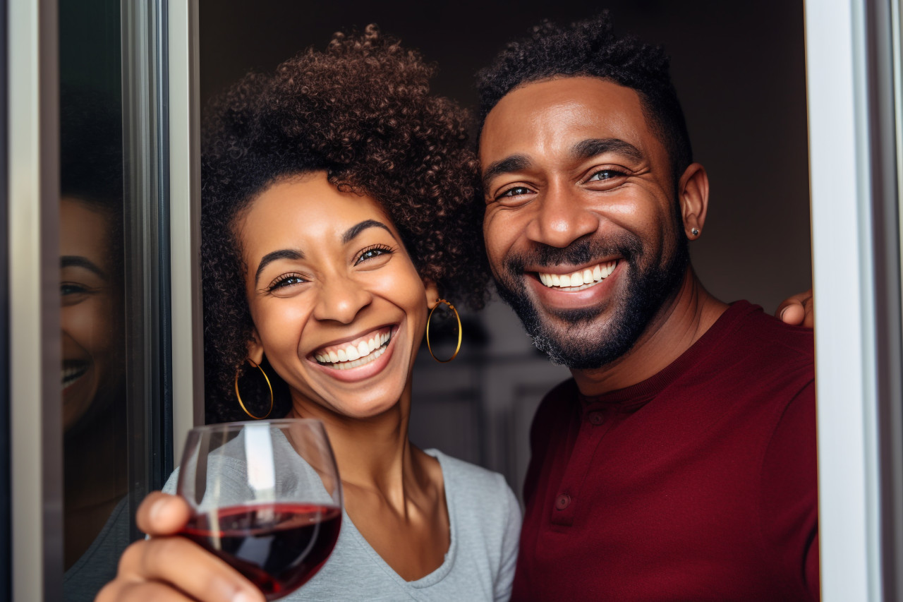 Happy african american couple hugging at new home doorway