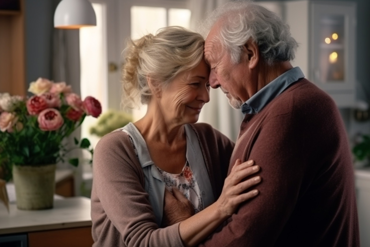 Happy old couple hugging after fight shows love and family unity