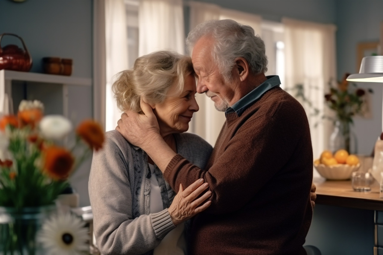 Happy old couple hugging after fight shows love and family unity
