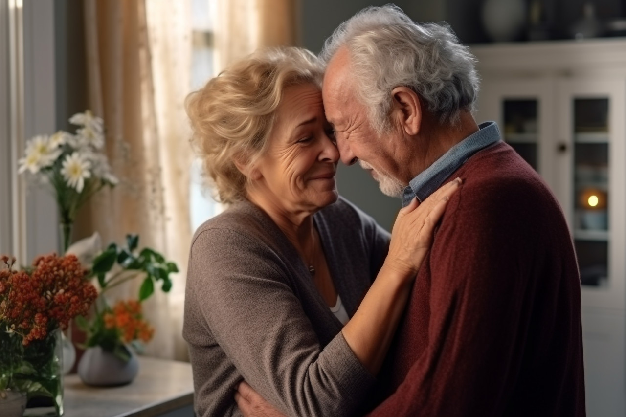 Happy old couple hugging after fight shows love and family unity
