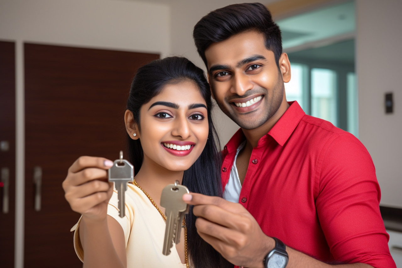 Happy indian family couple shows new house keys