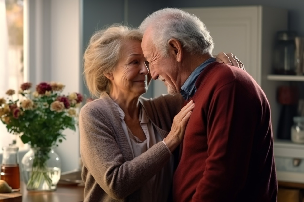 Happy old couple hugging after fight shows love and family unity
