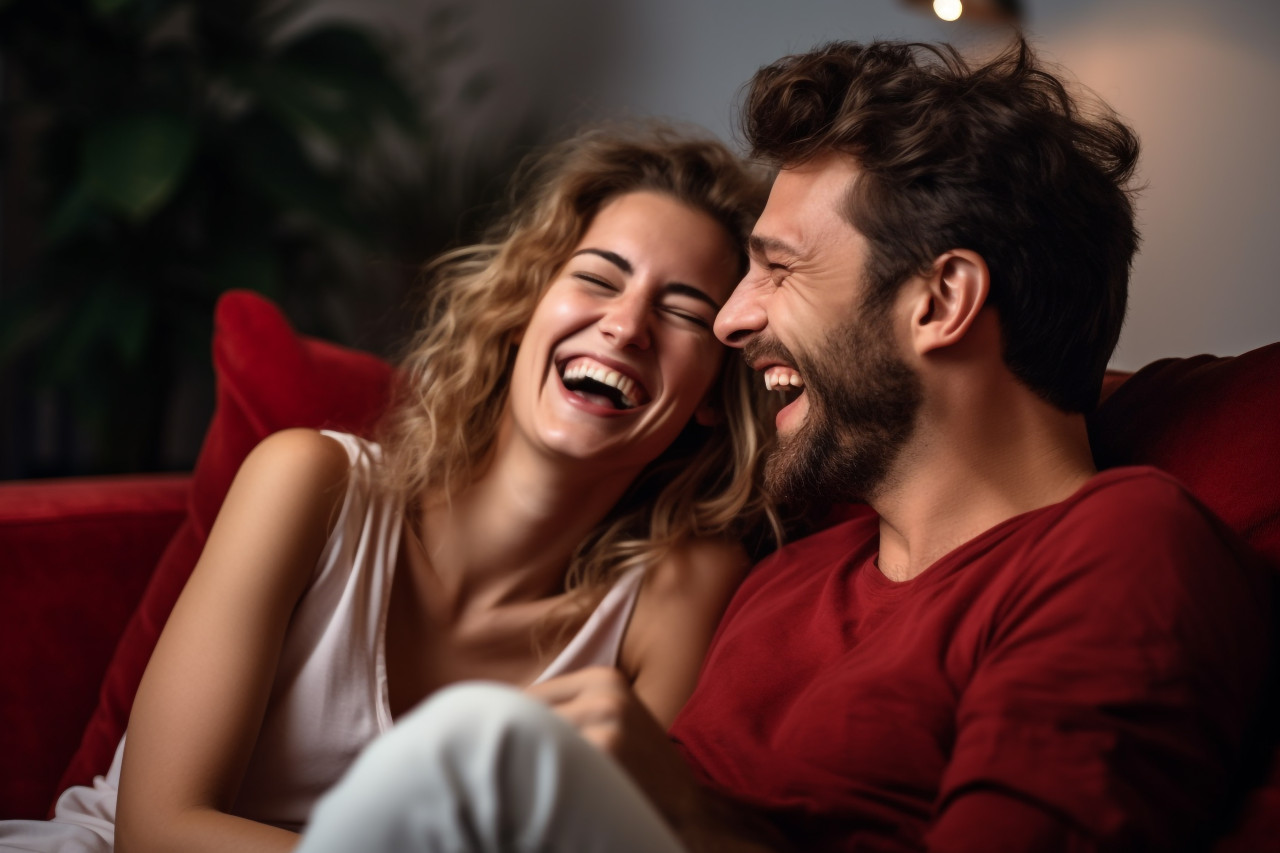 Happy couple talking on couch at home