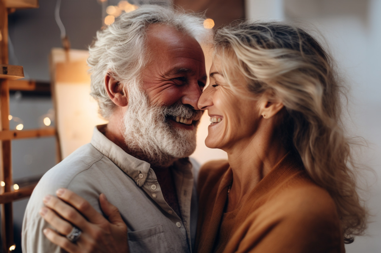 Happy couple embracing indoors close up of womans happy face