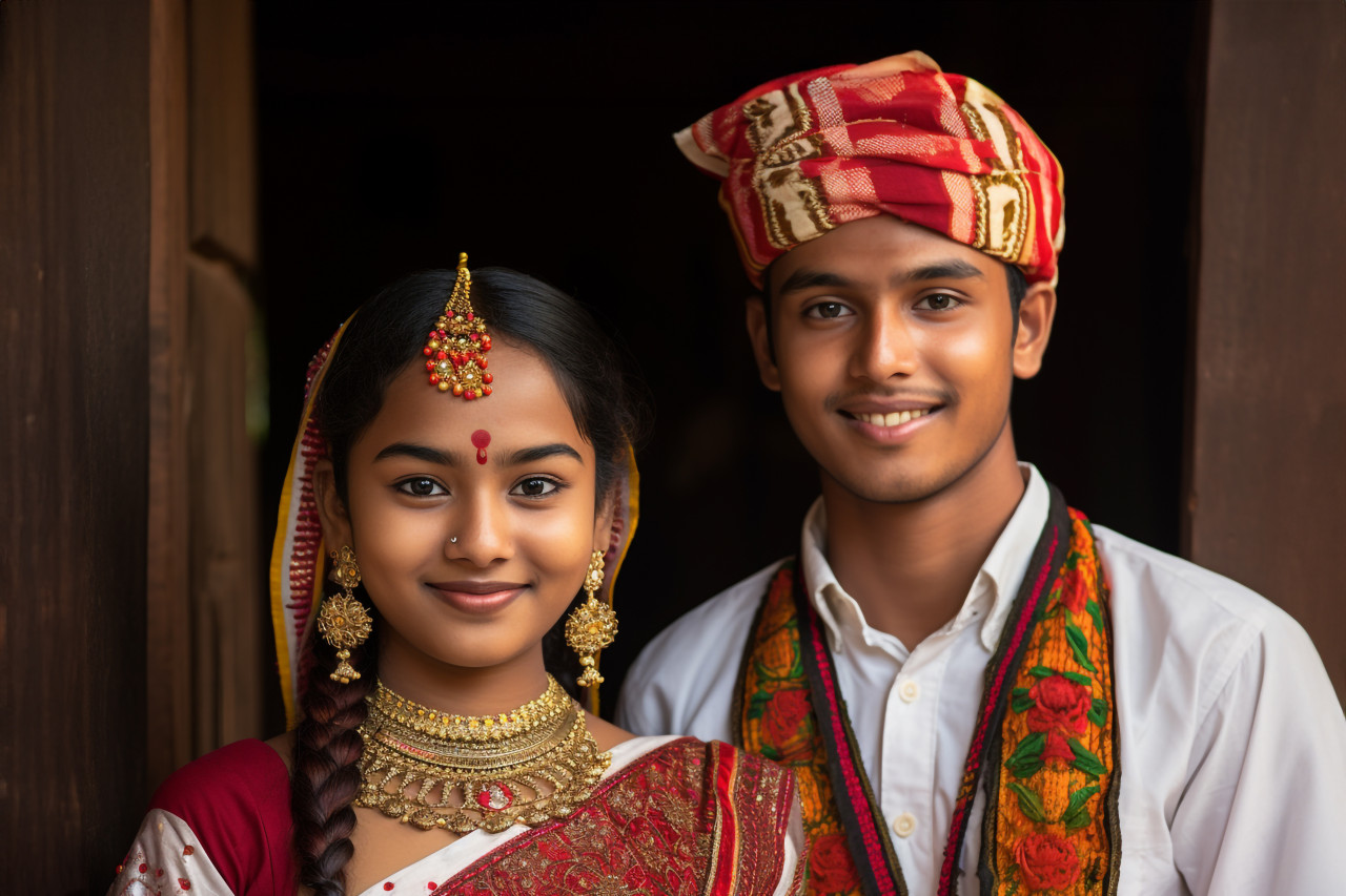 Young indian couple in traditional clothes at new home
