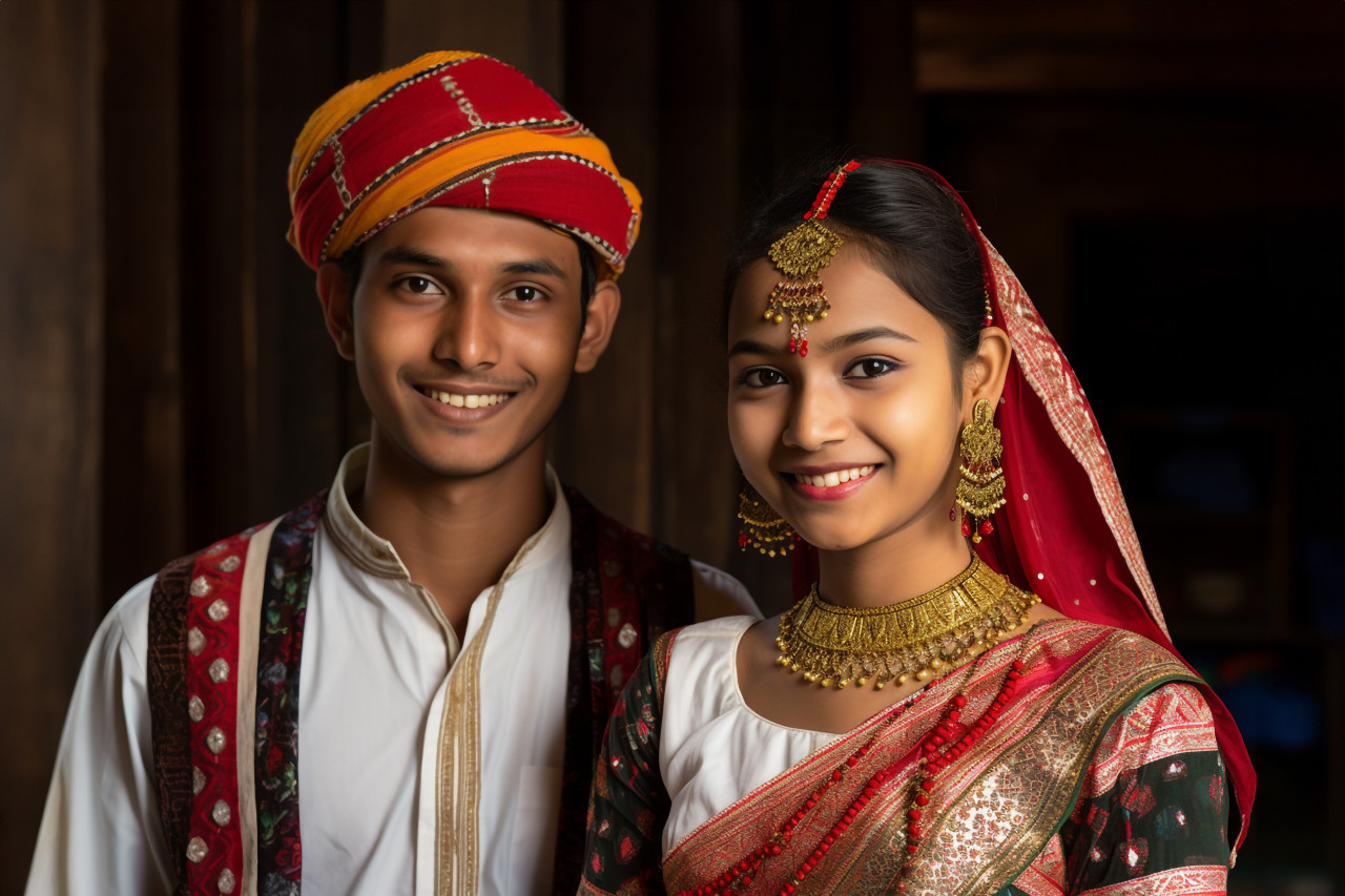 Young indian couple in traditional clothes at new home