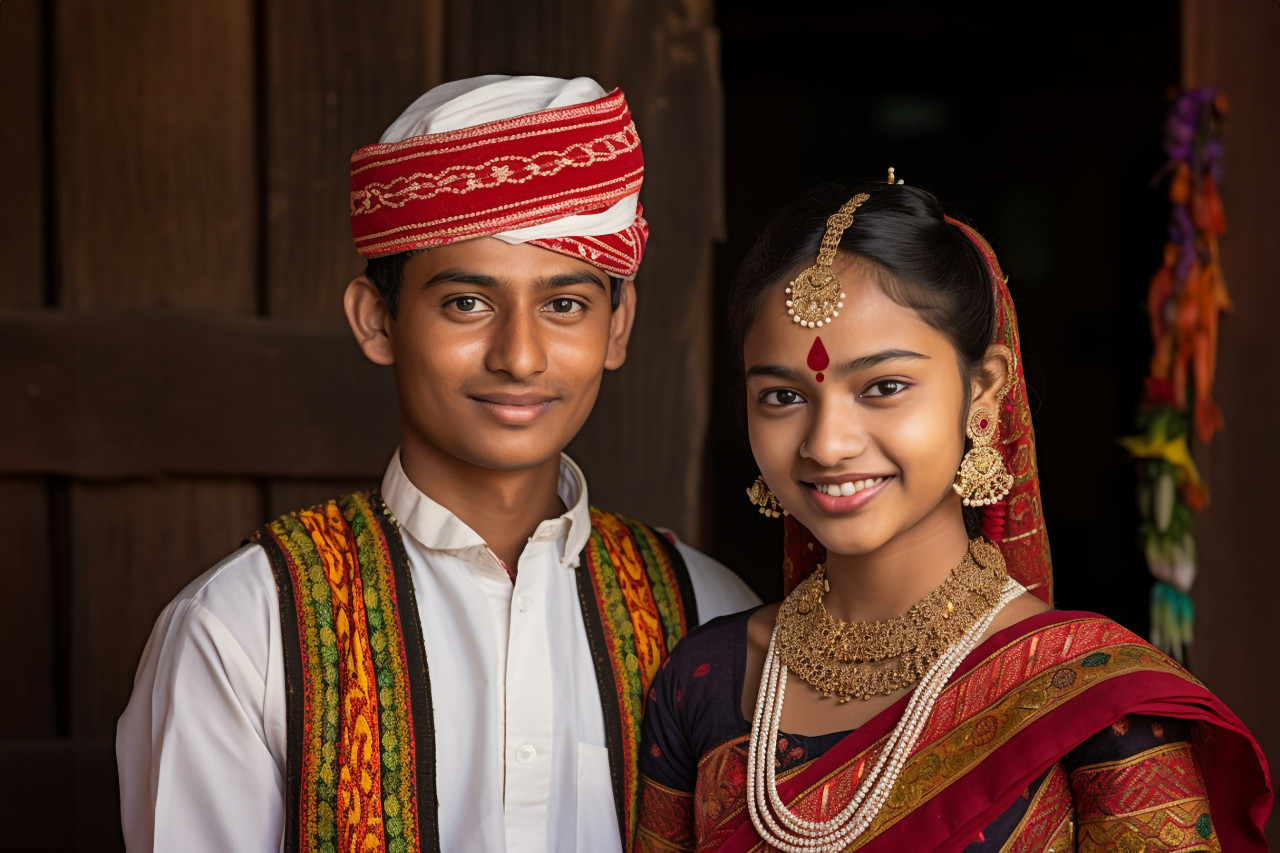 Young indian couple in traditional clothes at new home