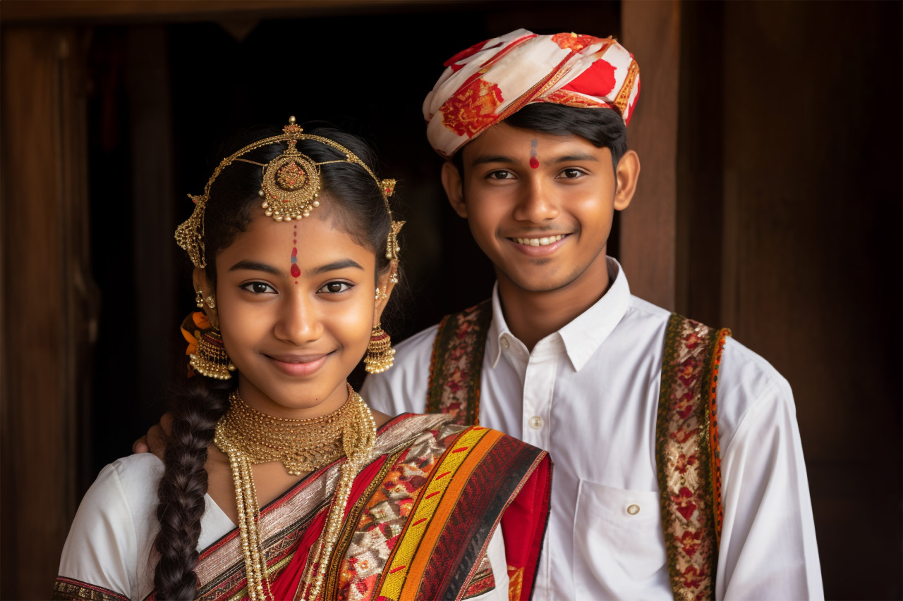 Young indian couple in traditional clothes at new home