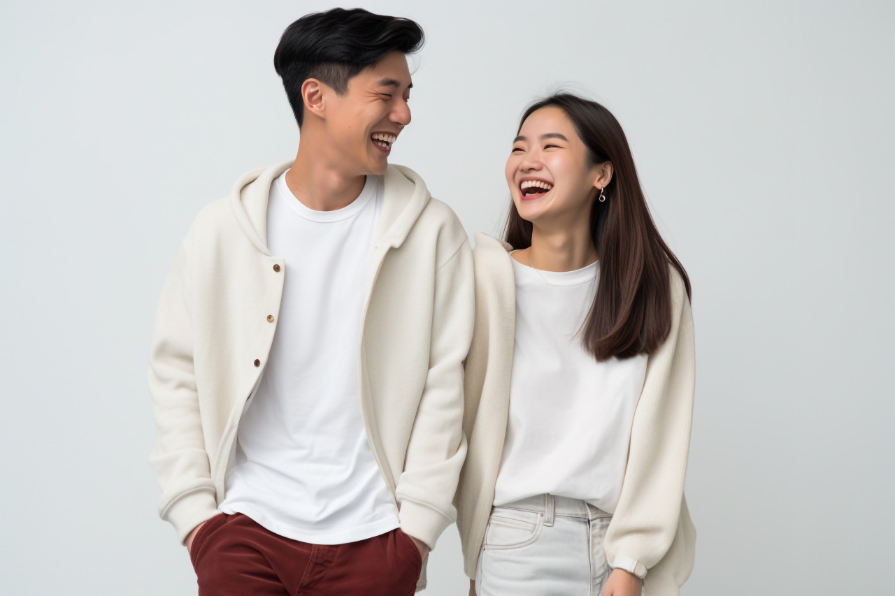 Millennial asian couple smiling at each other holding hands white studio photo