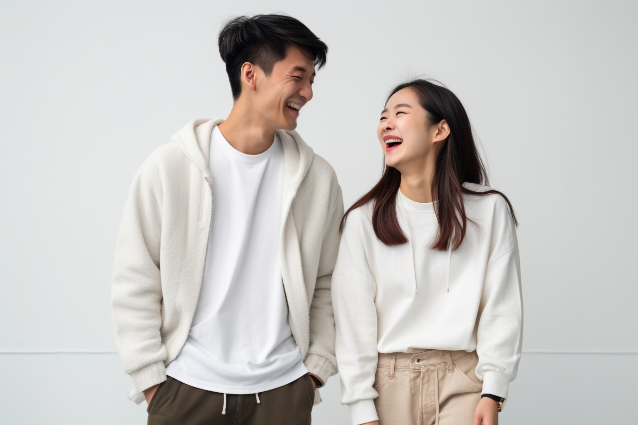 Millennial asian couple smiling at each other holding hands white studio photo