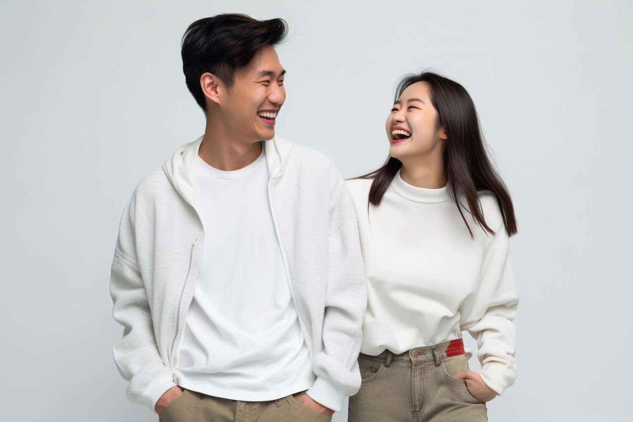 Millennial asian couple smiling at each other holding hands white studio photo