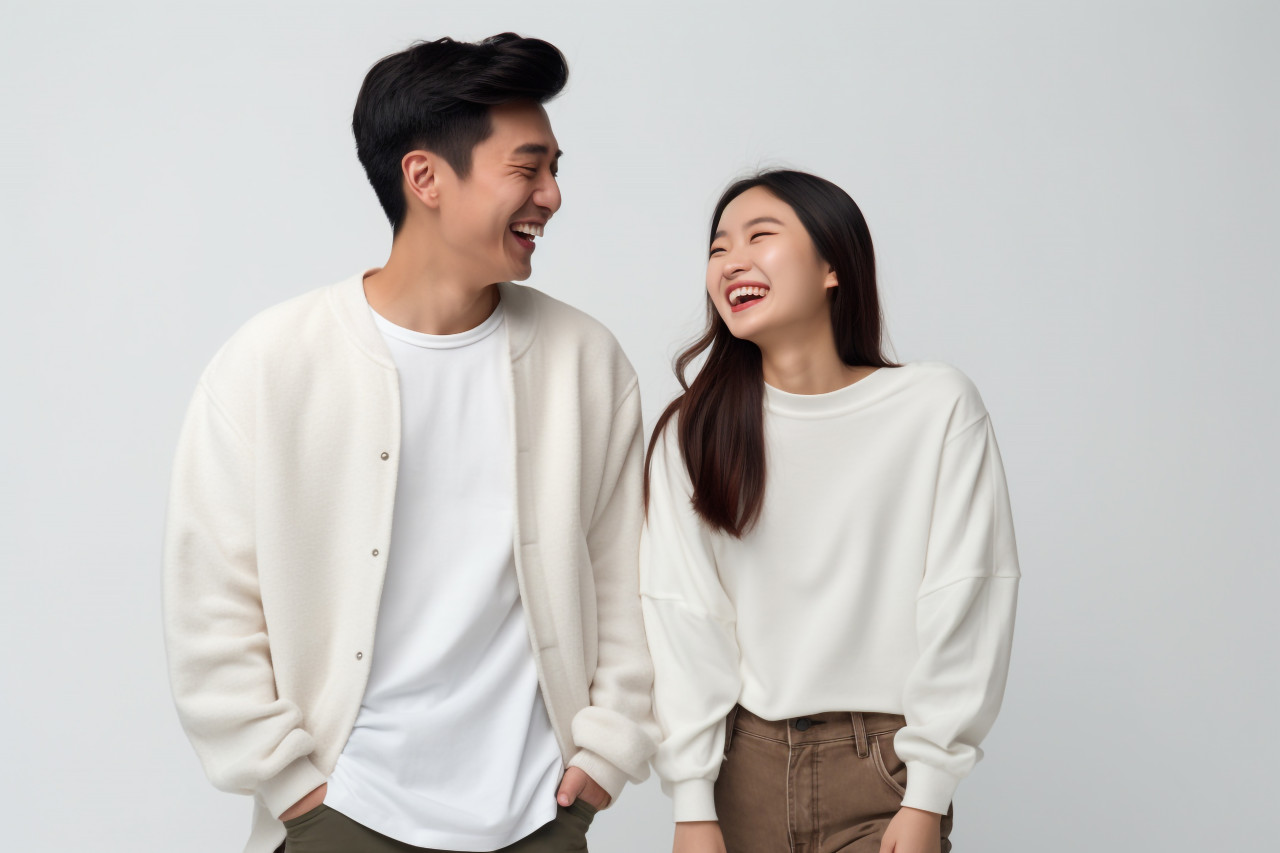 Millennial asian couple smiling at each other holding hands white studio photo