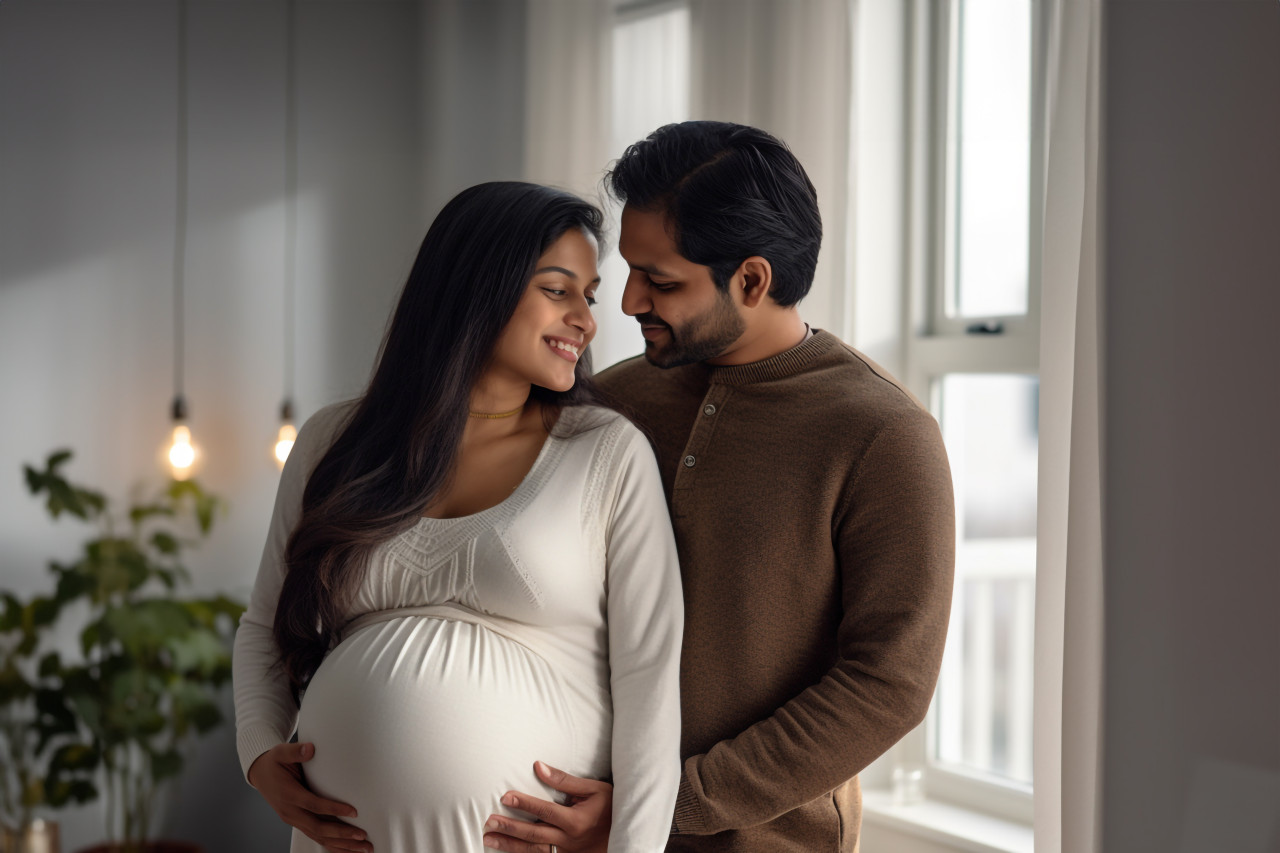Indian couple standing together indoors expecting a baby
