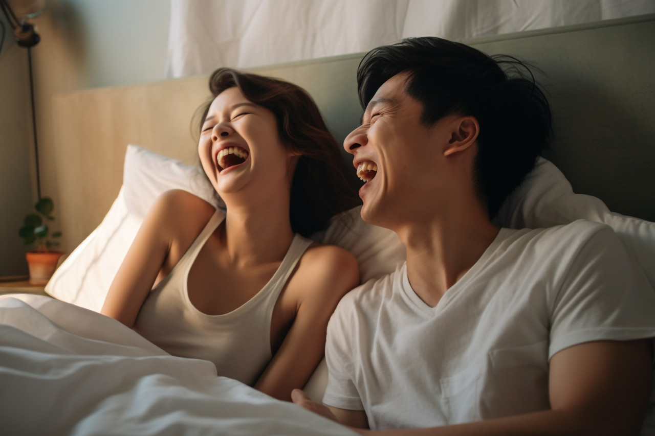Photo of singaporean young couple laughing in bed