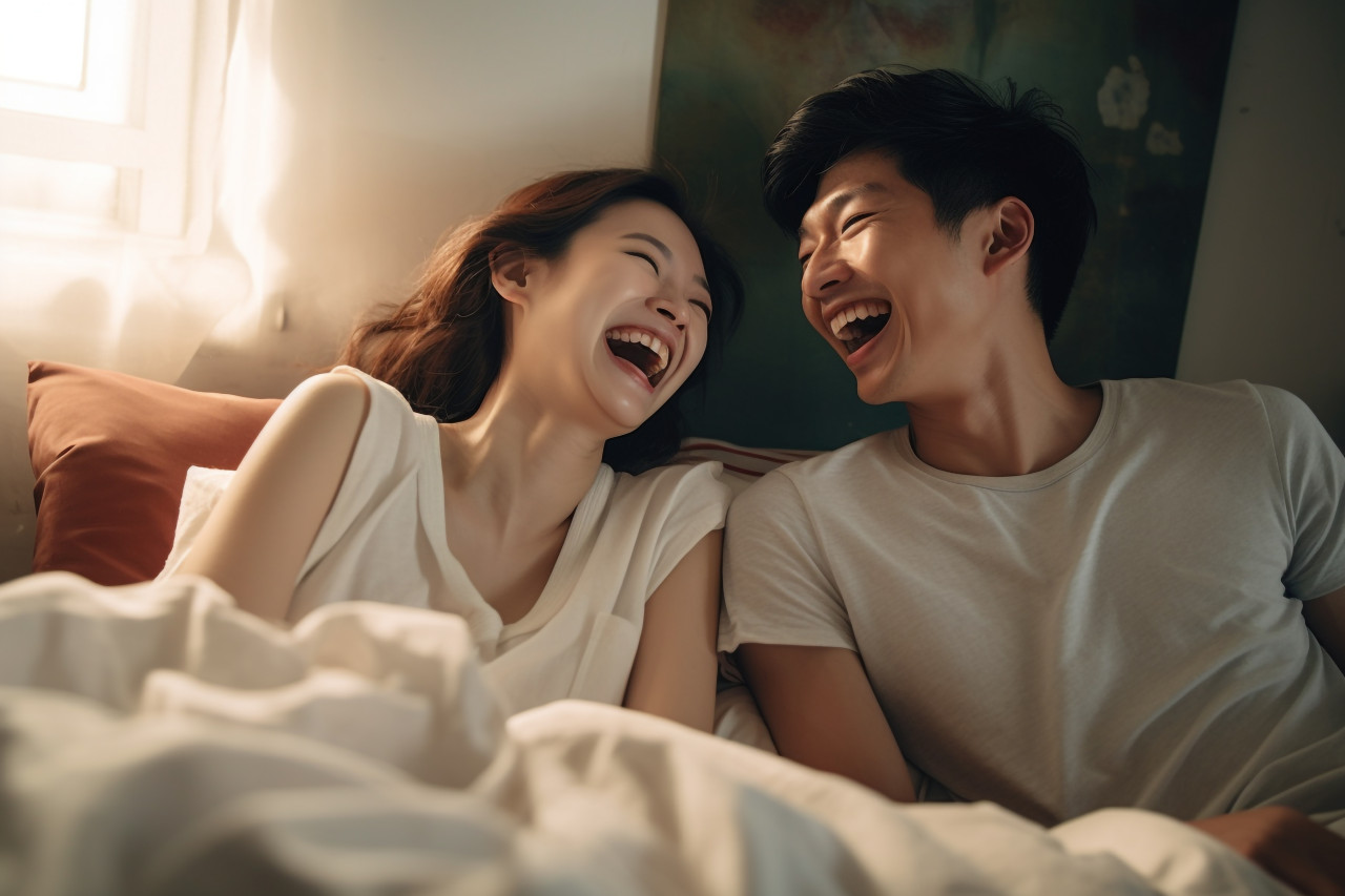 Photo of singaporean young couple laughing in bed