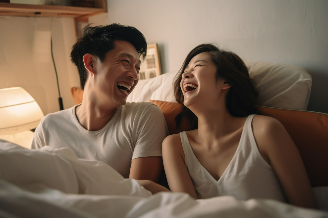 Photo of singaporean young couple laughing in bed