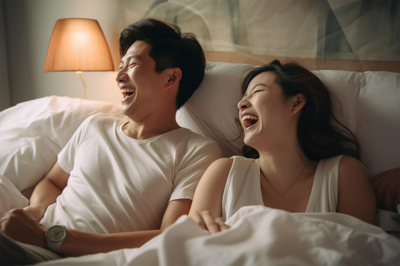Photo of singaporean young couple laughing in bed