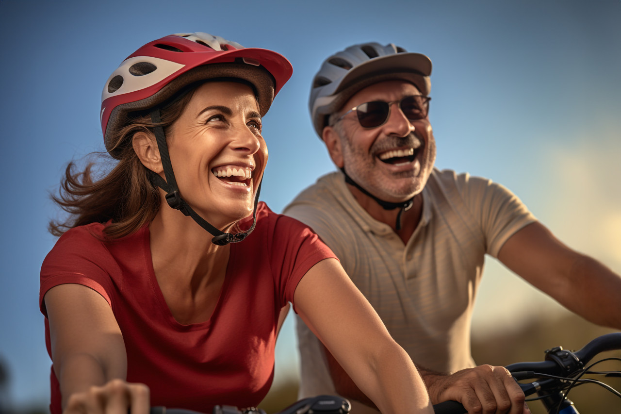Couple on bike smiling
