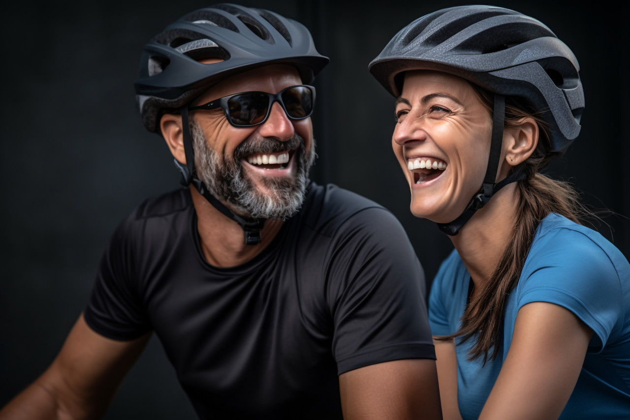 Couple on bike smiling