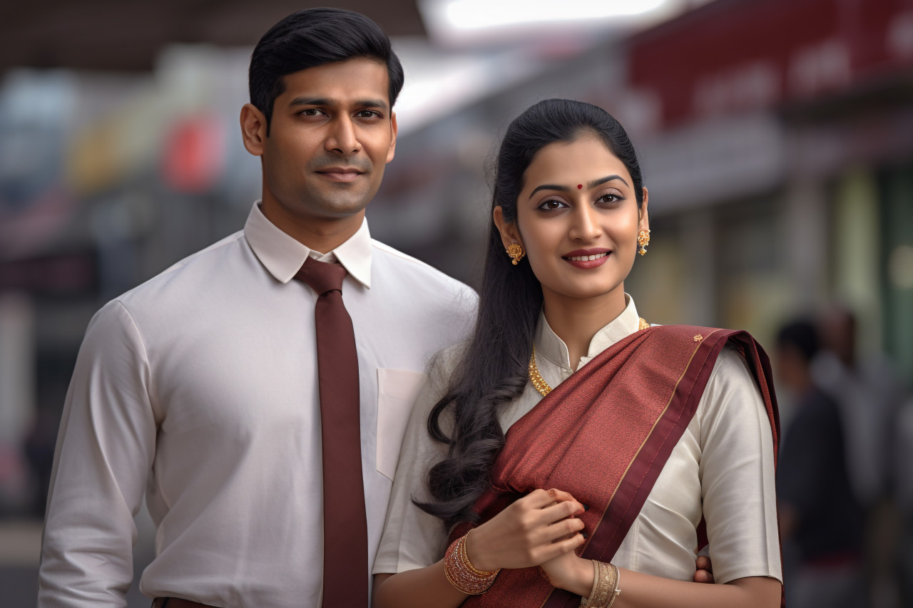 Married indian couple outside