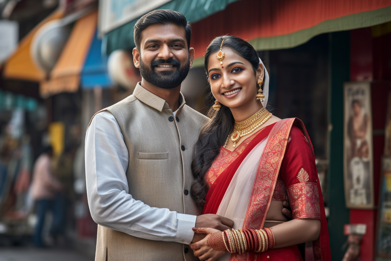 Married indian couple outside