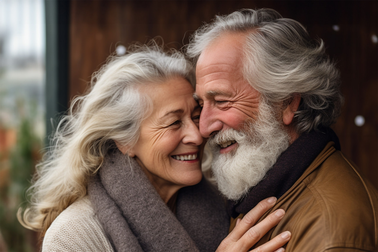Happy older couple hugging dreaming of the future