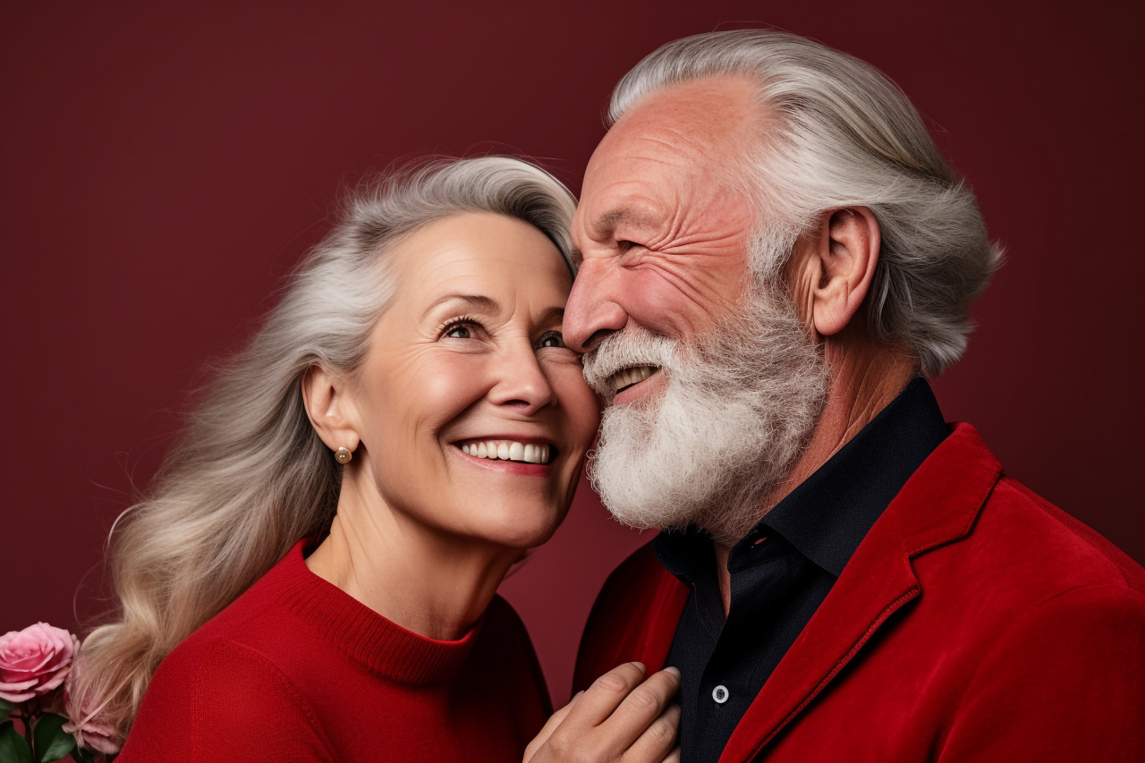 Happy older couple hugging dreaming of the future