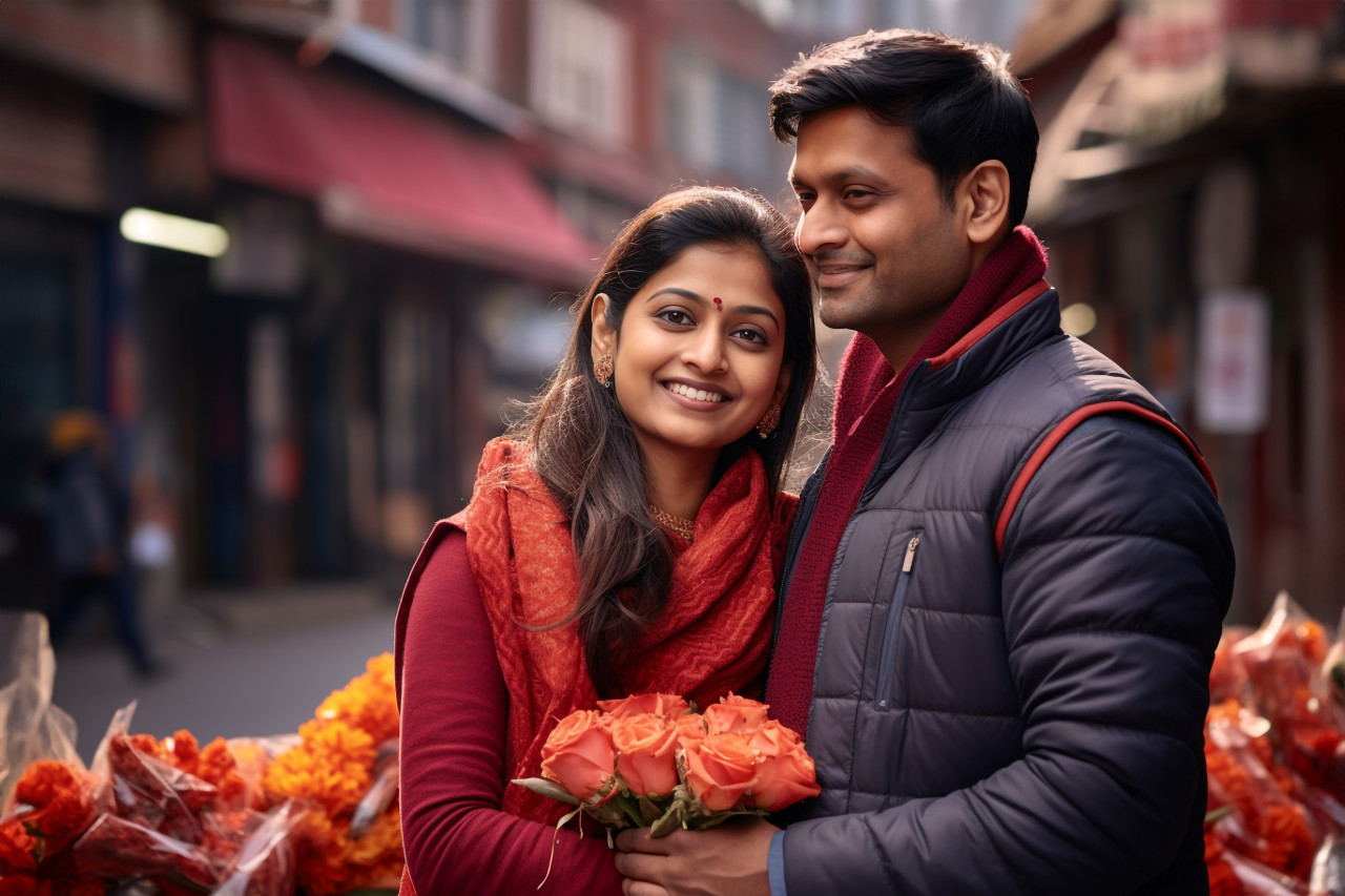 Married indian couple outside
