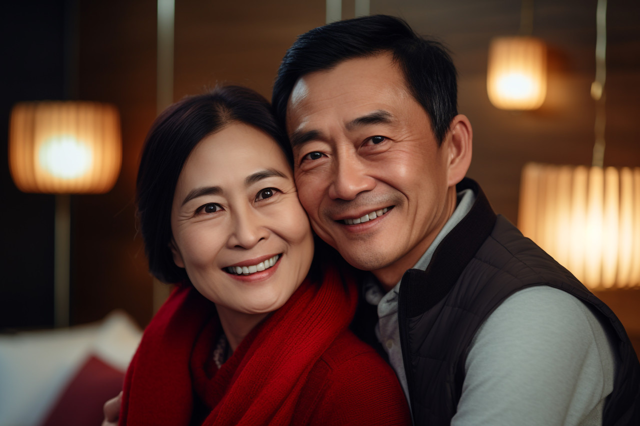 Picture of an asian couple in their middle years in a room